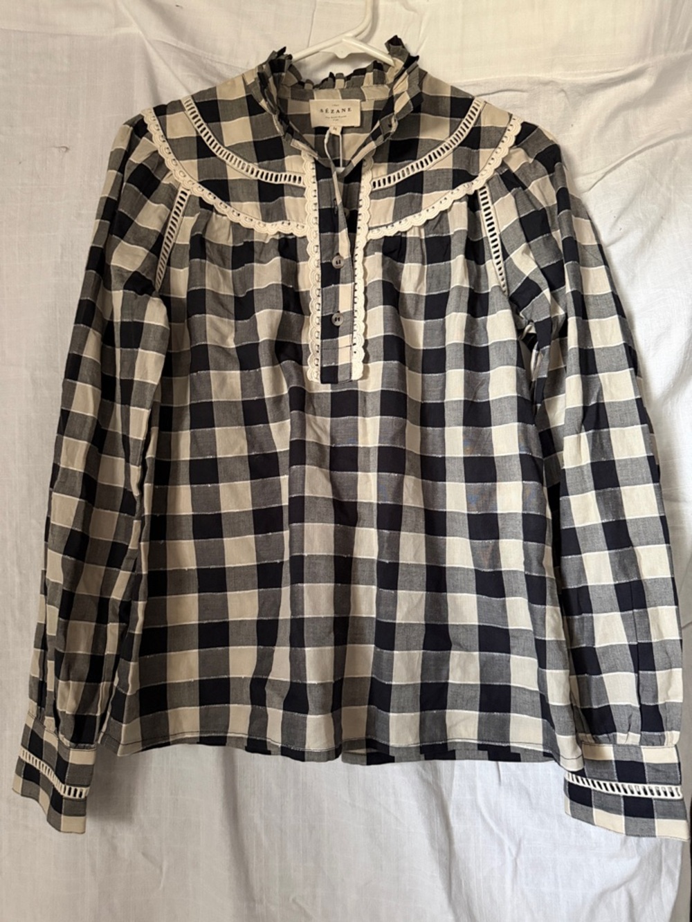 Sezane Black & Cream Gingham Ruffle Yoke Top- Vichy noir et ecru